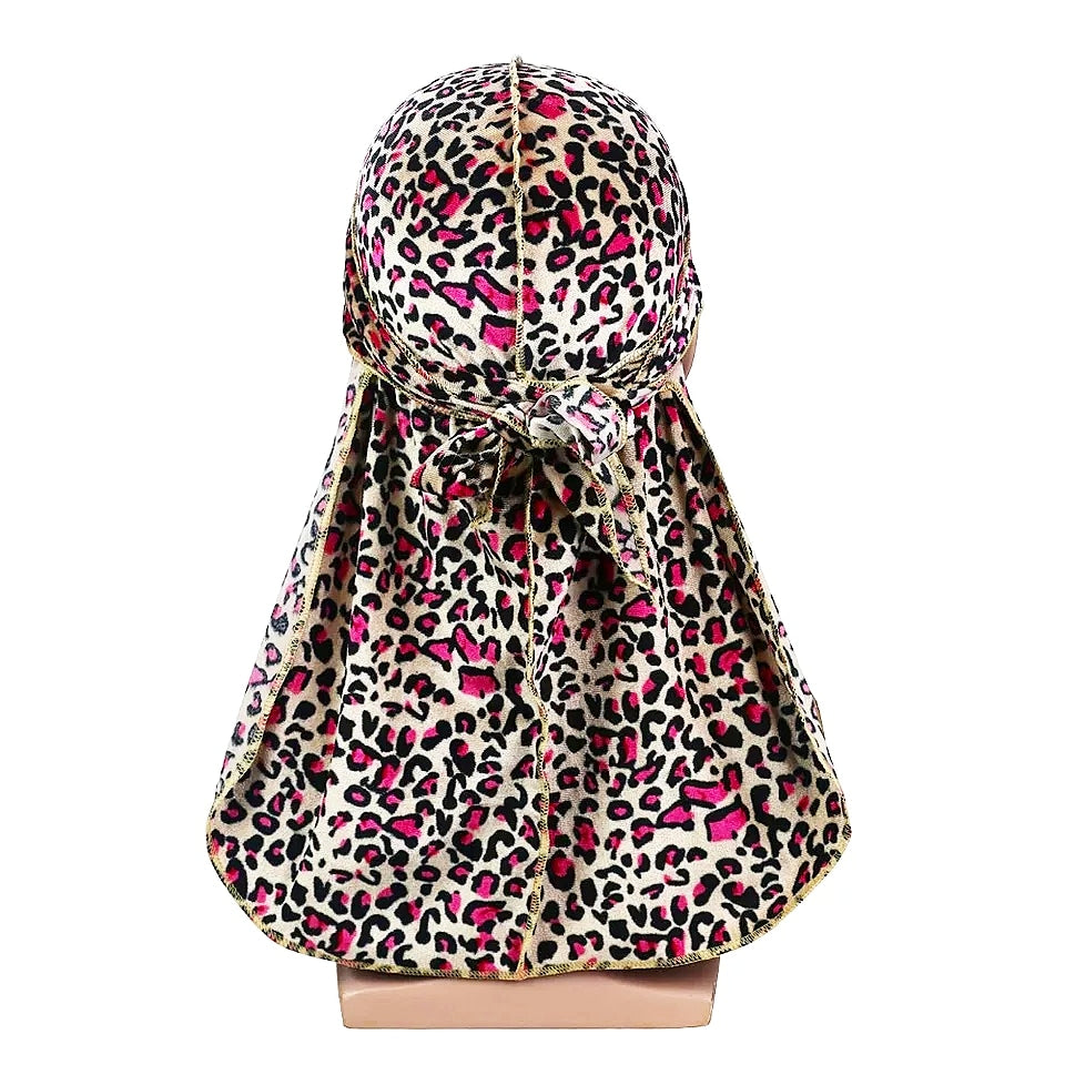 Hot Pink + Black & Beige Leopard Print Velour Durag
